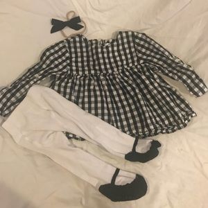 Gingham baby girl dress with tights and headband